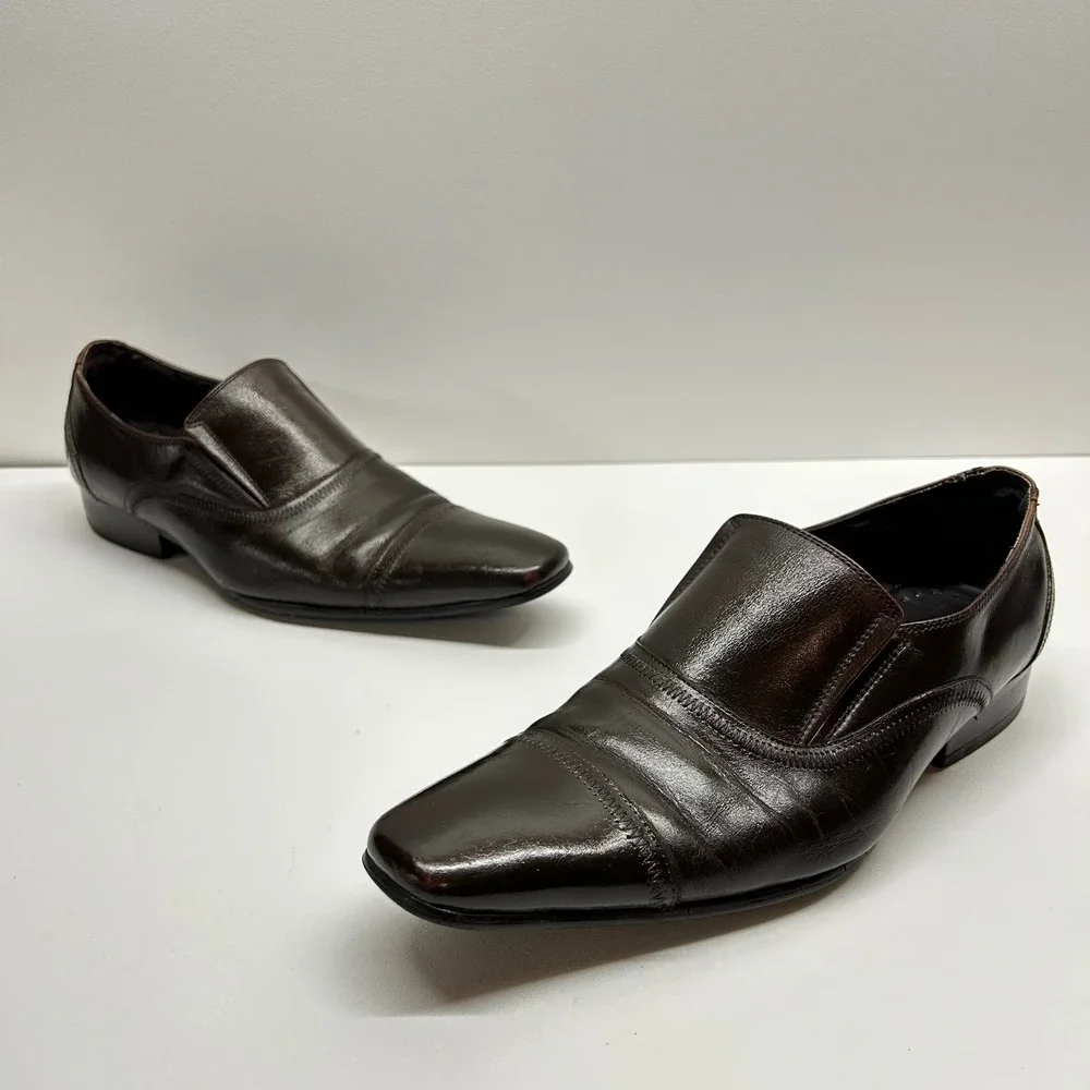 Gucci Mens Dark Brown Leather Square Toe Slip On Dress Shoes Made in Italy Sz 40